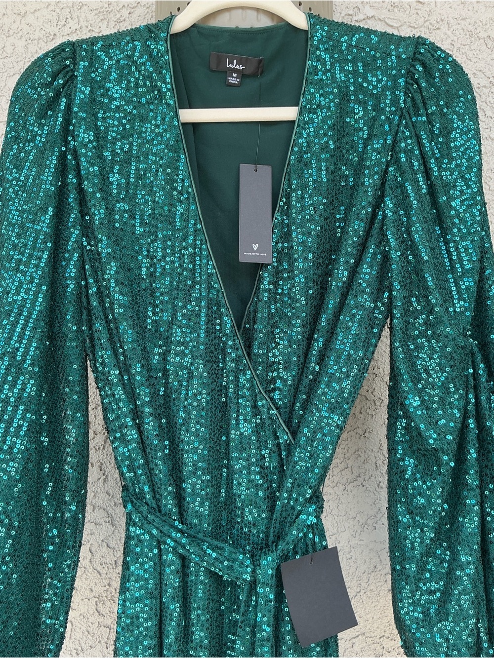 NWT Lulu’s Sparkly Darling Emerald Green Sequin Long Sleeve Wrap Mini Dress Chic - Picture 7 of 12